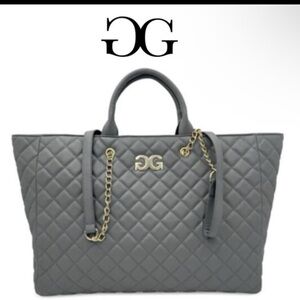 Quilted Grey Tote Bag with Gold Chain Accents
